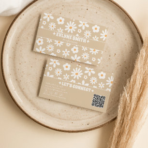Retro Beige QR-Code Groovy Floral Boho Einzigartig Visitenkarte