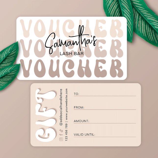 Retro Beige Trendy Beauty Salon oder Wellness-Cent (Make custom gift cards for clients with this trendy voucher in beige featuring groovy retro fonts)