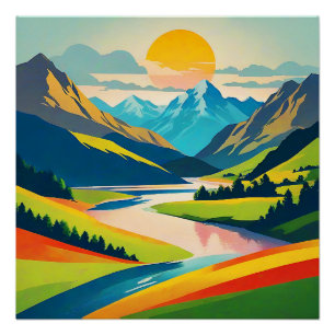 Retro Berglandschaft Illustration farbenfroh Poster