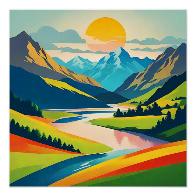 Retro Berglandschaft Illustration farbenfroh Poster (Vorderseite)