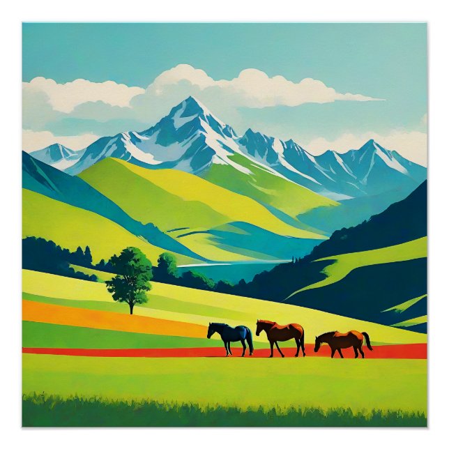 Retro Berglandschaft Illustration farbenfroh Poster (Vorderseite)
