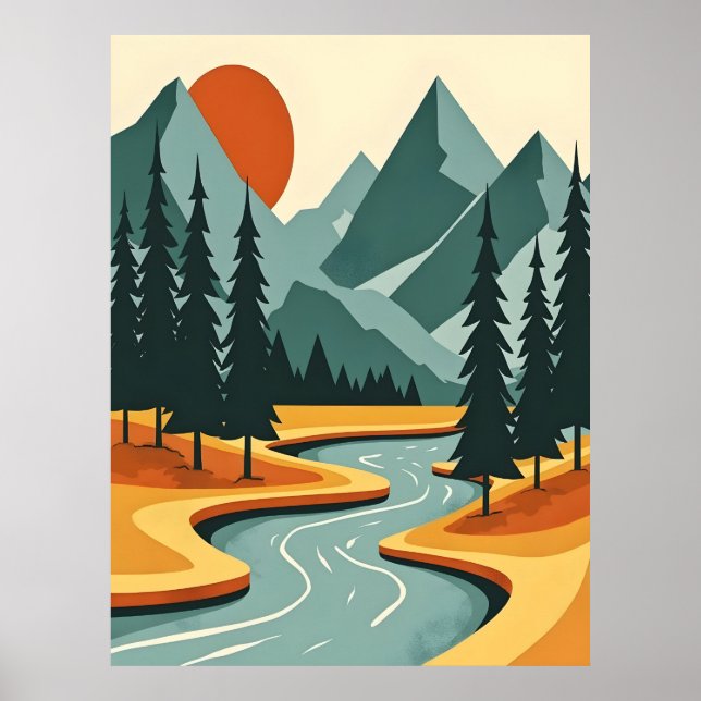Retro Berglandschaft Illustration Rot Blau Poster (Vorne)