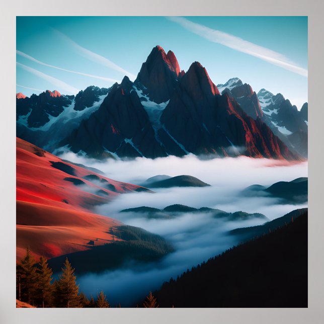 Retro Berglandschaft Illustration Rot Blau Poster (Vorne)