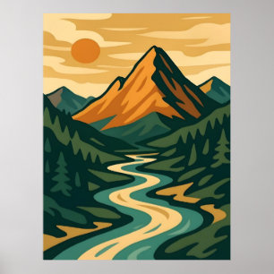 Retro Berglandschaft Illustration Rot Blau Poster