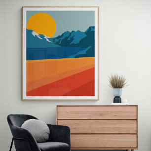 Retro Berglandschaft Illustration Rot Blau Poster