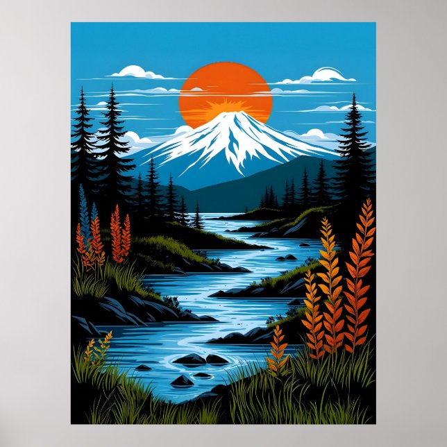 Retro Berglandschaft Illustration Rot Blau Poster (Vorne)
