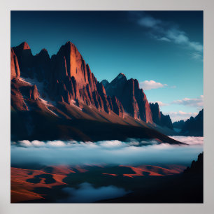 Retro Berglandschaft Illustration Rot Blau Poster