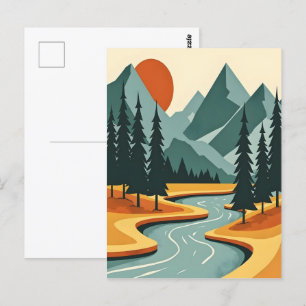 Retro Berglandschaft Illustration Rot Blau Postkarte