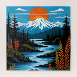 Retro Berglandschaft Illustration Rot Blau Puzzle