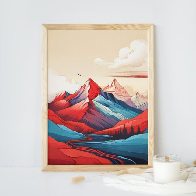 Retro Berglandschaft Illustration Rotes Blau Kunst Poster (Von Creator hochgeladen)