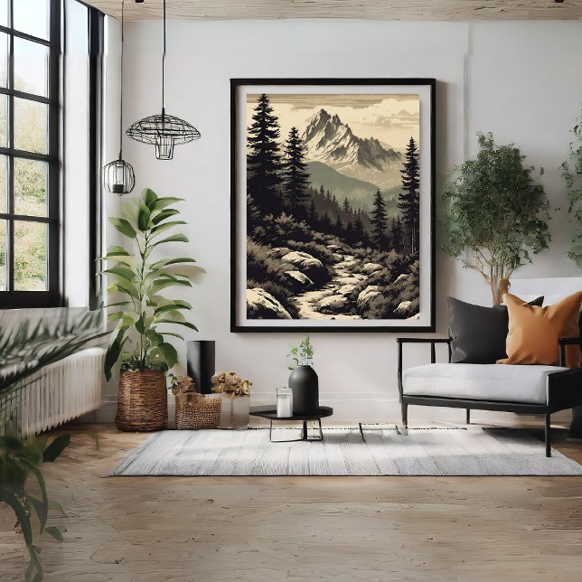 Retro-Berglandschaft-Illustrationsposter Poster (Retro Mountain Landscape Illustration Poster)