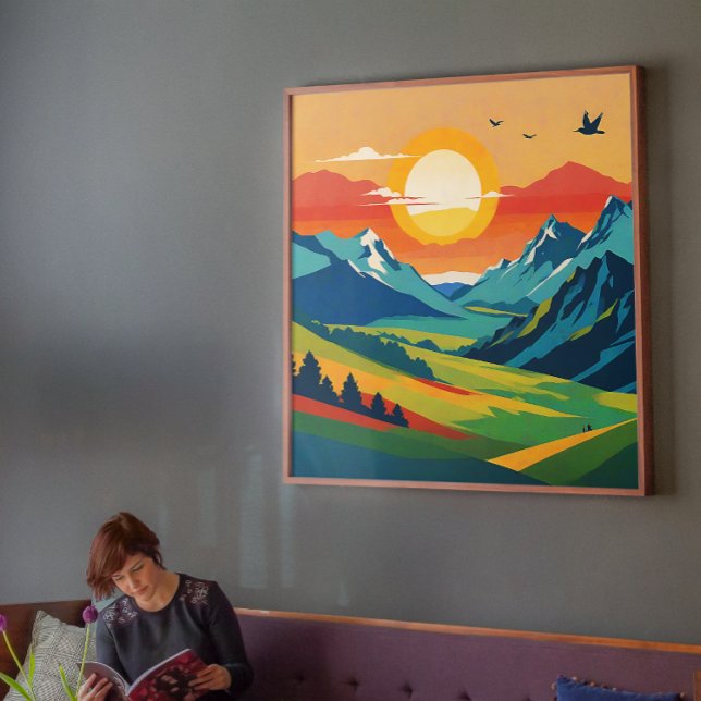 Retro Berglandschaft Naturvorführung Poster (Vibrant Mountain Morning with Rising Sun Poster)