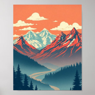 Retro-Berglandschaft Rot-Blau-Poster Poster