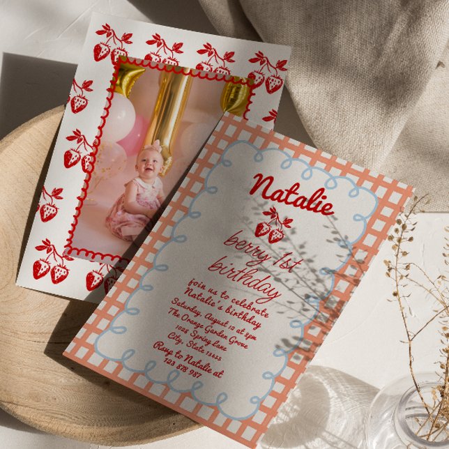 Retro Berry 1. Gezeichnet Strawberry Foto Geburtst Einladung (Von Creator hochgeladen)