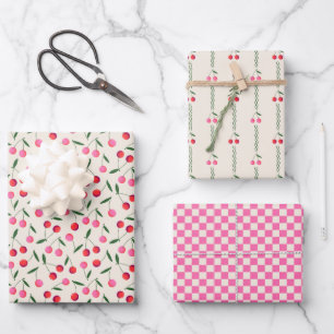 Retro Berry Cherry und Schachbretter auf Creme Geschenkpapier Set
