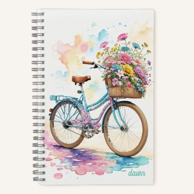 Retro Bicycle Blume Wasserfarben Kunst, Dichtung u Notizbuch (Vorderseite)