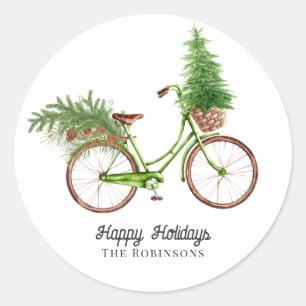 Retro Bicycle Weihnachtsbaum und Pinien Urlaub Runder Aufkleber