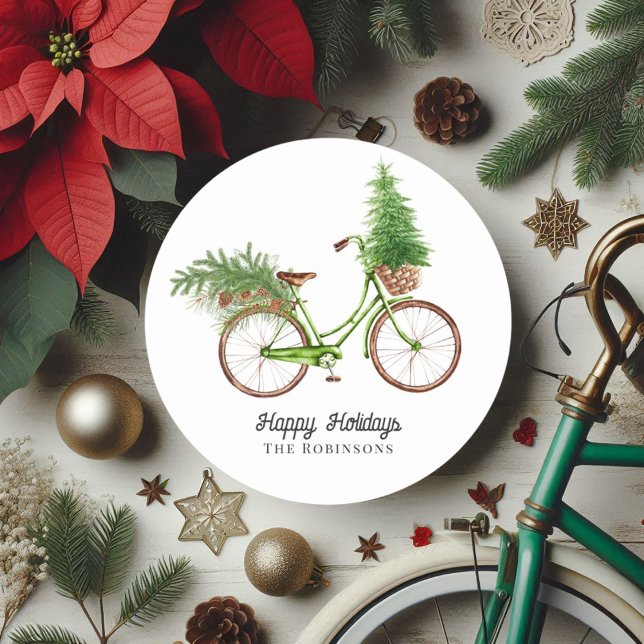 Retro Bicycle Weihnachtsbaum und Pinien Urlaub Runder Aufkleber (Retro Bicycle Christmas Tree and Pines Holiday Classic Round Sticker)