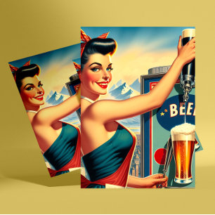 Retro-Bier-Pinup Postkarte