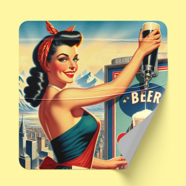 Retro-Bier-Pinup Quadratischer Aufkleber (Von Creator hochgeladen)