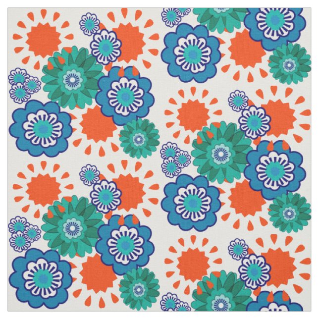 Retro Big Blume Blue Orange Mix Floral Design Stoff (Muster)