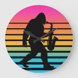 Retro Bigfoot Saxophon Sonnenuntergang Große Wanduhr