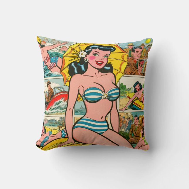 Retro Bikini Girl Summer Comic Kissen (Vorderseite)