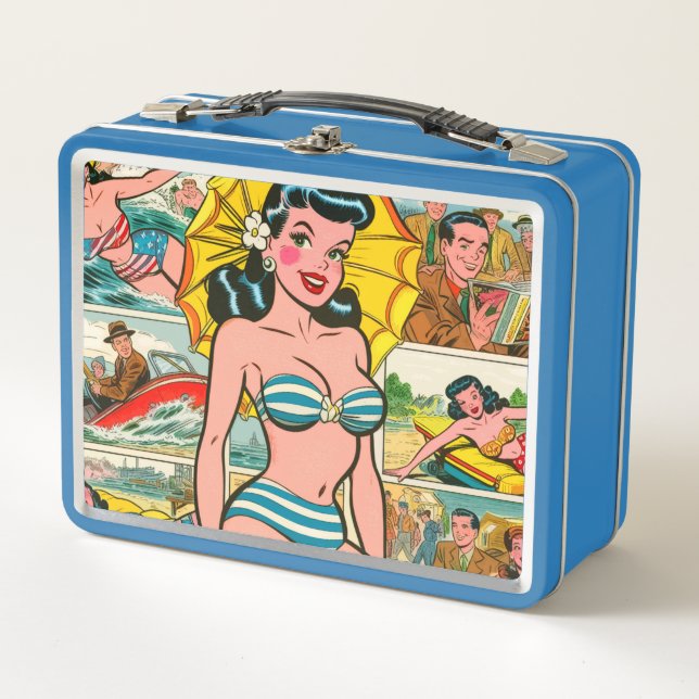 Retro Bikini Girl Summer Comic Metall Brotdose (Vorderseite)