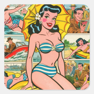 Retro Bikini Girl Summer Comic Quadratischer Aufkleber