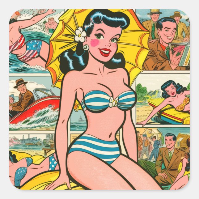 Retro Bikini Girl Summer Comic Quadratischer Aufkleber (Vorderseite)