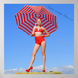 Retro-Bikini-Modell/Rotstreifen-Sonnenschirm Poster