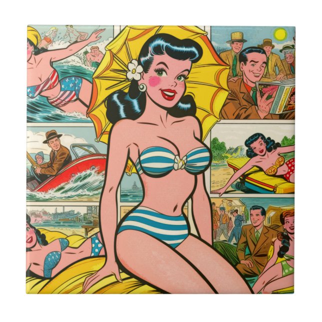 Retro-Bikinimädchen-Sommer-Comics Fliese (Vorderseite)