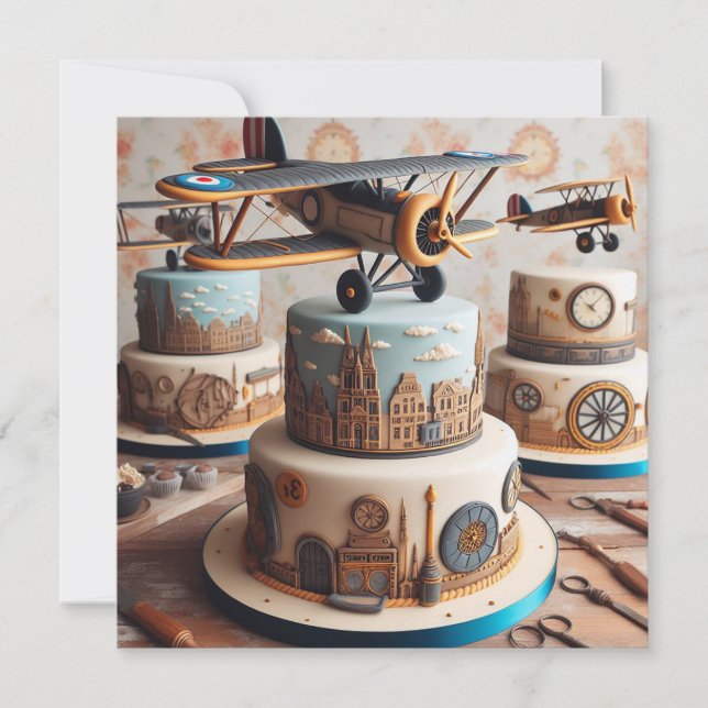 RETRO BIPLANE THEMED BIRTHDAY CAKE EINLADUNG (Vorderseite)