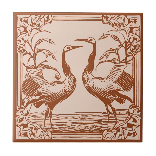 Retro Birds Two Cranes Brown Art Deco Fliese (Vorderseite)