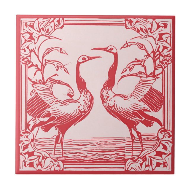 Retro Birds two Cranes Red Art Deco Jugendstil Fliese (Vorderseite)