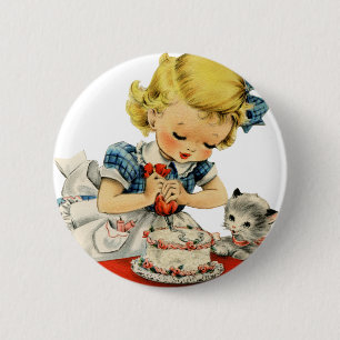 Retro Birthday Girl Cake Cat Artwork Button