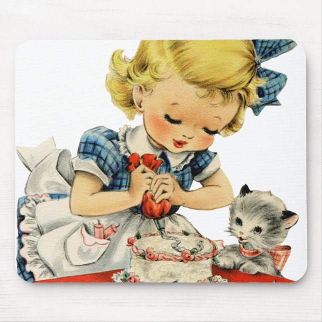 Retro Birthday Girl Cake Cat Artwork Mousepad (Vorne)