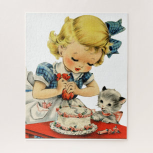Retro Birthday Girl Cake Cat Artwork Puzzle