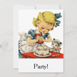 Retro Birthday Girl Cake Cat Children Artwork Einladung