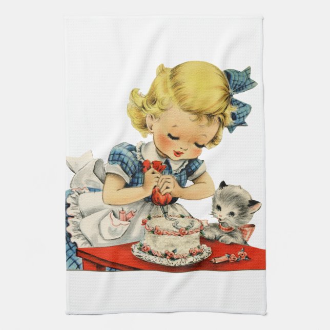 Retro Birthday Girl Cake Cat Children Artwork Geschirrtuch (Vertikal)