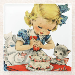 Retro Birthday Girl Cake Cat Children Artwork Glasuntersetzer