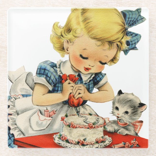 Retro Birthday Girl Cake Cat Children Artwork Glasuntersetzer (Vorderseite)