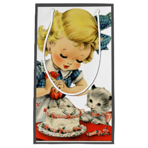 Retro Birthday Girl Cake Cat Children Artwork Kleine Geschenktüte
