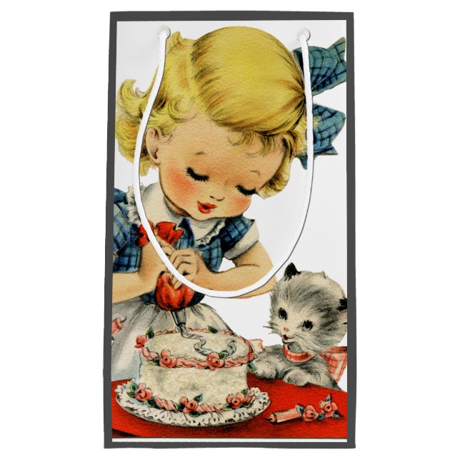 Retro Birthday Girl Cake Cat Children Artwork Kleine Geschenktüte (Vorderseite)