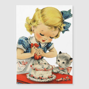 Retro Birthday Girl Cake Cat Children Artwork Magnetkarte
