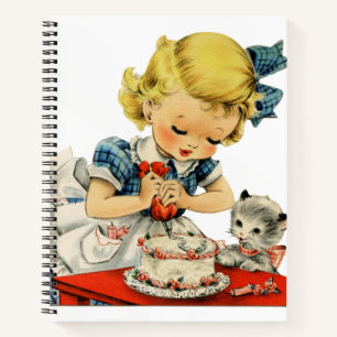 Retro Birthday Girl Cake Cat Children Artwork Notizbuch