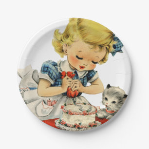 Retro Birthday Girl Cake Cat Children Artwork Pappteller
