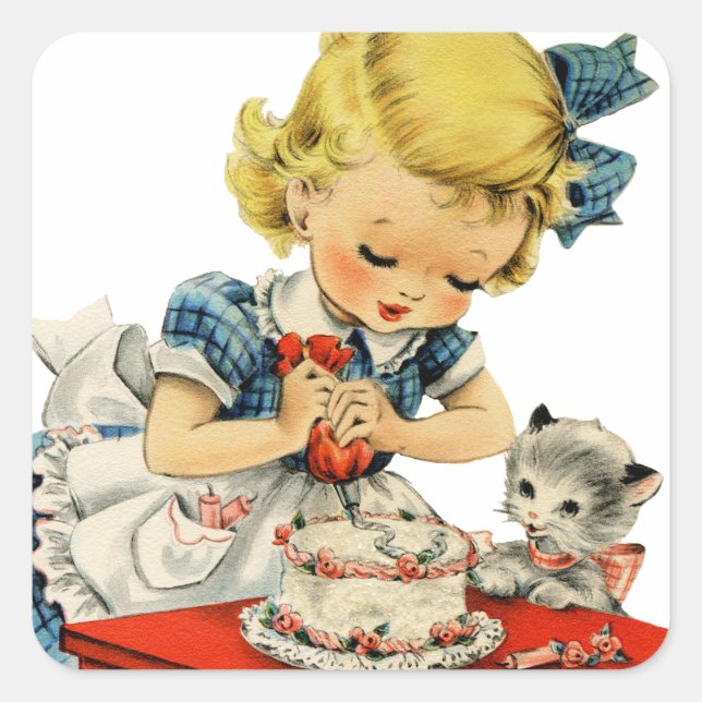 Retro Birthday Girl Cake Cat Children Artwork Quadratischer Aufkleber (Vorderseite)