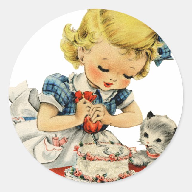Retro Birthday Girl Cake Cat Children Artwork Runder Aufkleber (Vorderseite)