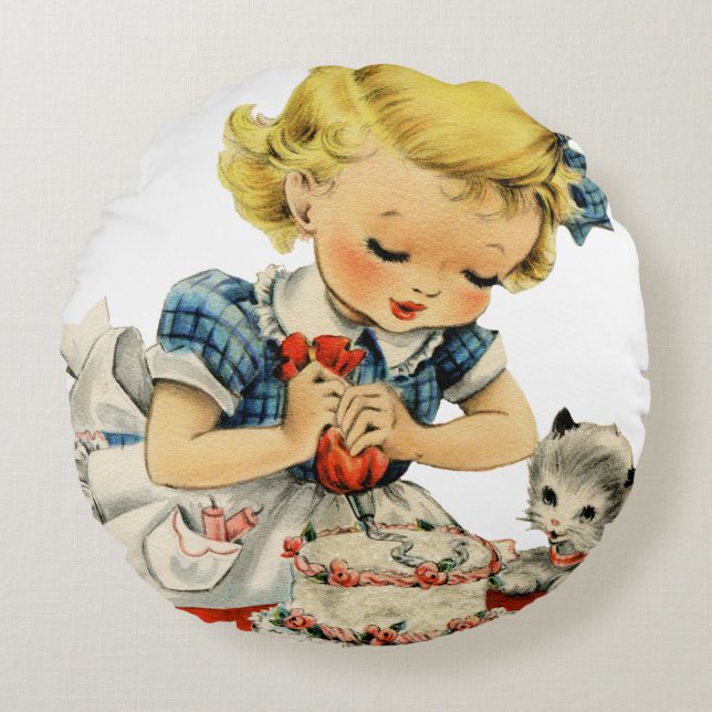 Retro Birthday Girl Cake Cat Children Artwork Rundes Kissen (Vorderseite)